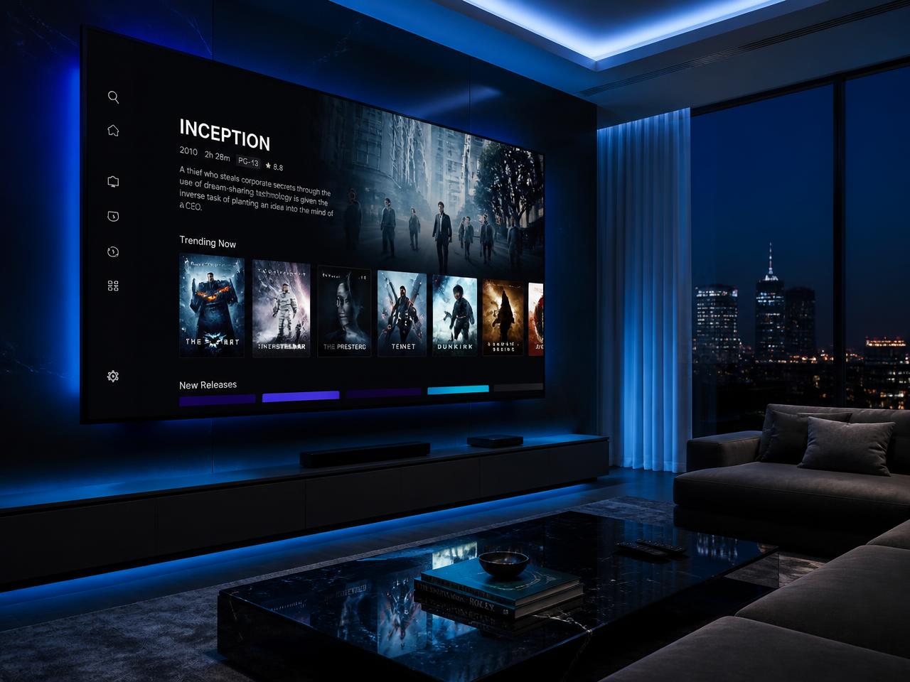 Premium smart TV streaming interface in a modern living room